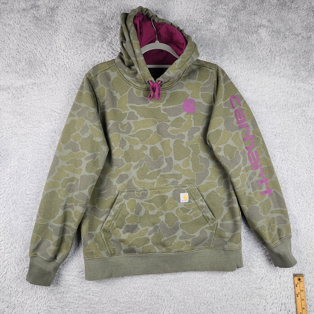 Carhartt Hoodie Girls M 8-10 Green Frog Camo Fleece Pullover Relaxed Fit Logo